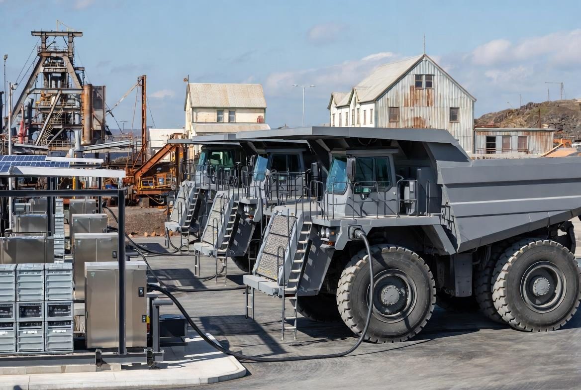 Electric haul trucks connected to charging infrastructure at a mine site